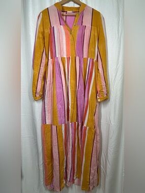Matta Striped Maxi Dress 100% Cotton Size Small India Bright Pink Orange Buttons